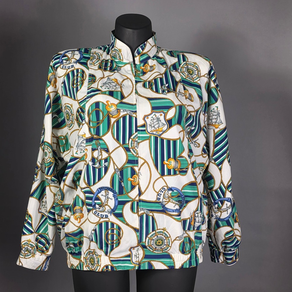 Da-Rue of California Vintage Nautical Sailboat Print Windbreaker Jacket Green 14